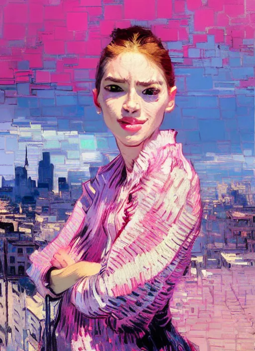 Image similar to portrait of a beautiful girl, city backdrop, smiling, ecstatic, eyes closed, open mouth, shades of pink and blue, beautiful face, rule of thirds, intricate outfit, spotlight, by greg rutkowski, by jeremy mann, by francoise nielly, by van gogh, digital painting