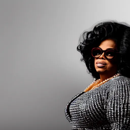 Image similar to a candid portrait photograph of Oprah Winfrey dressed as The Notorious B.I.G, in the style of Chi Mondu, shallow depth of field, 40mm lens