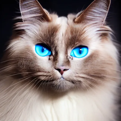 Prompt: studio photograph of a birman cat, bright blue eyes, warm brown colorpoints, hd, studio lighting, stock photo, longhaired, anatomically accurate