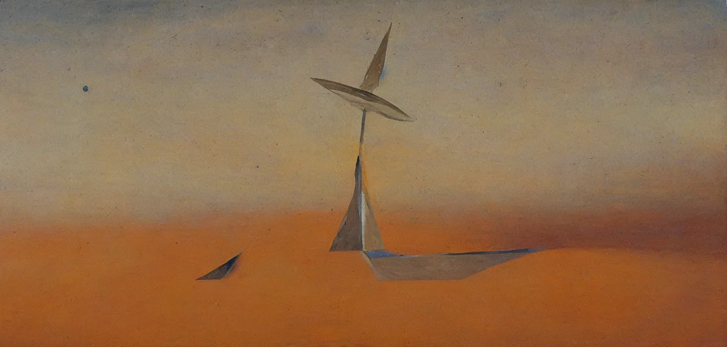 Image similar to painting of a giant sundial in the middle of the desert at the centre of a lake, small elongated planes, representation with abstraction, frenetic oil painting, values as flat shapes