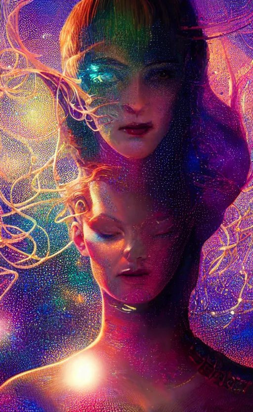 Image similar to extremely detailed cinematic movie still 3 0 7 7 full body shot of 2 5 years old woman inside woman inside woman hyperreal skin face golden energy strings art - nouveau style with colorful shining crystals by denis villeneuve, wayne barlowe, simon birch, marc simonetti, philippe druillet, bright volumetric sunlight, rich moody colors, bokeh