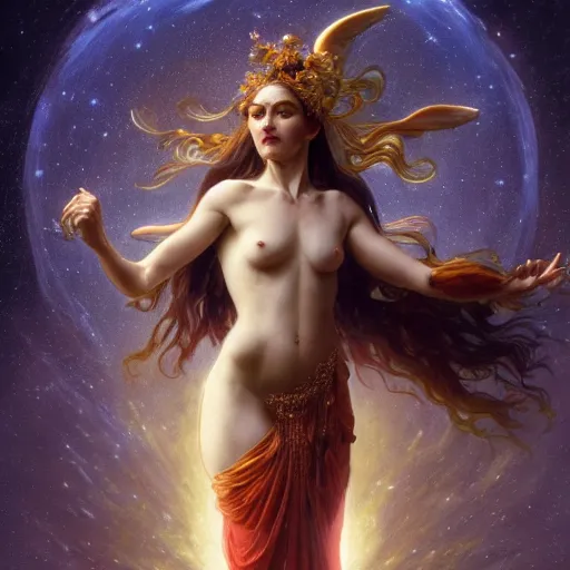 Prompt: a stunning dynamic pose full body of a celestial goddess of the ethereal cosmos, intricate, 8k highly professionally detailed, hdr, CGSociety, dark fantasy, dynamic lighting, cinematic, pristine, smooth, cosplay, elegant, sharp focus, art by alphonse mucha and greg rutkowski,