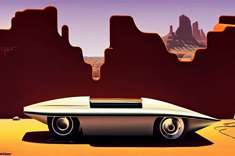 Image similar to a cinematic matte painting of a sleek 1 9 6 0 s vaporwave retro - futurism sci - fi car in a cluttered garage in the american southwest. cactus. by eric lafforgue, glennray tutor and edward hopper, greg rutkowski. trending on artstation.