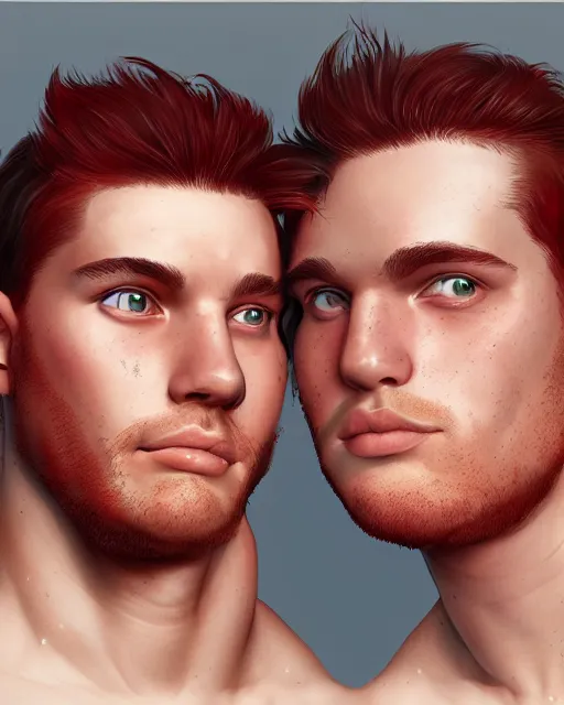 Image similar to portrait of short and stocky, 1 9 - year - old male twins with red hair and freckles, hyper realistic face, beautiful eyes, character art, art by mark brooks, hyperdetailed, cryengine, trending on artstation, digital art