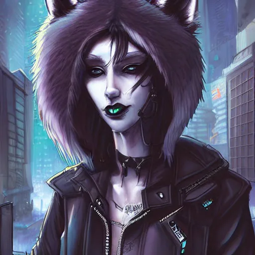 Image similar to beautiful furry art portrait commission of a furry anthro wolf fursona wearing punk clothes in the streets of a cyberpunk city. character design by charlie bowater, ross tran, rick griffin, miles df, detailed, inked, western comic book art