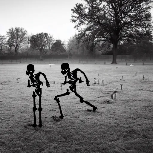 Image similar to two skeletons playing football in a graveyard at dawn