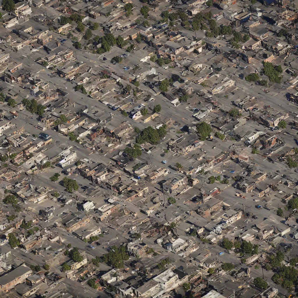 Image similar to top down aerial view of dilapidated city center in real life, desolate with zombies, dilapidated, zombies in the streets, nightmarish, some rusted style parked vehicles, sunny weather, few clouds, volumetric lighting, photorealistic, daytime, autumn, sharp focus, ultra detailed, cgsociety