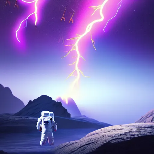 Image similar to astronaut finding a flower on an alien planet with mountains, water, strange clouds, hyper realistic, dramatic lightning, ray tracing, high resolution photo, 8 k