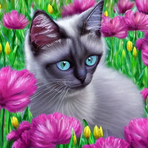 Prompt: cute fluffy siamese cat sitting in a meadow of spring flowers detailed painting 4k