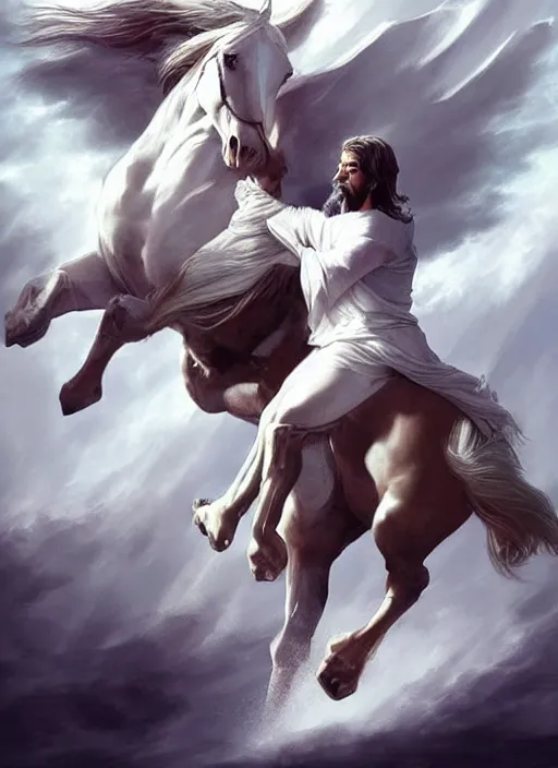 Prompt: the first horseman of the apocalypse riding a white stallion, horse is up on it's hindlegs, the rider looks like jesus, artwork by artgerm and rutkowski, breathtaking, dramatic