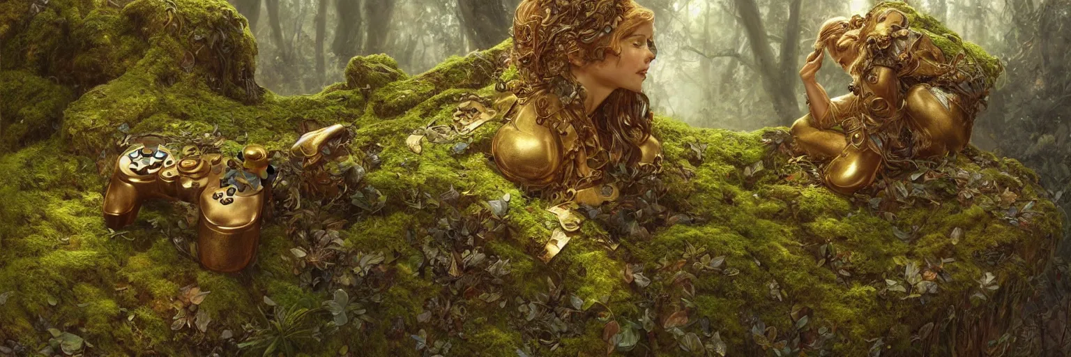 Image similar to portrait of a golden PlayStation Controller on the mossy tree stump, D&D, fantasy, highly detailed, digital painting, artstation, concept art, smooth, sharp focus, illustration, art by artgerm and greg rutkowski and alphonse mucha