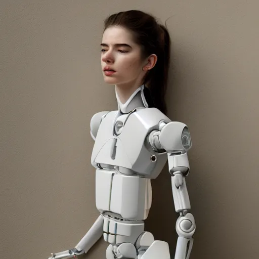 Prompt: beautiful centered Fine art photo portrait of enraptured Sarah Mcdaniel as a solarpunk robotic humanoid, white mechanical parts with led lights, photorealistic, white background, highly detailed and intricate, sunset lighting, HDR 8k
