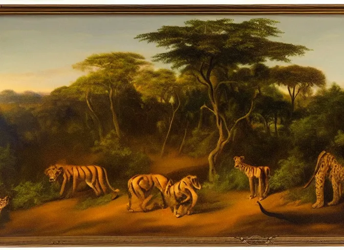 Image similar to the border of the jungle and the savannah in africa in the style of hudson river school of art, oil on canvas