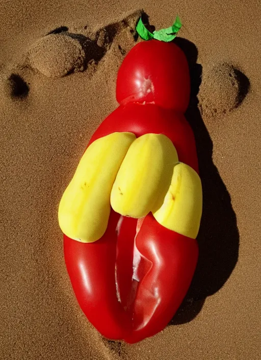 Image similar to jeff goldblum as a banana tomato on the sand of a beach