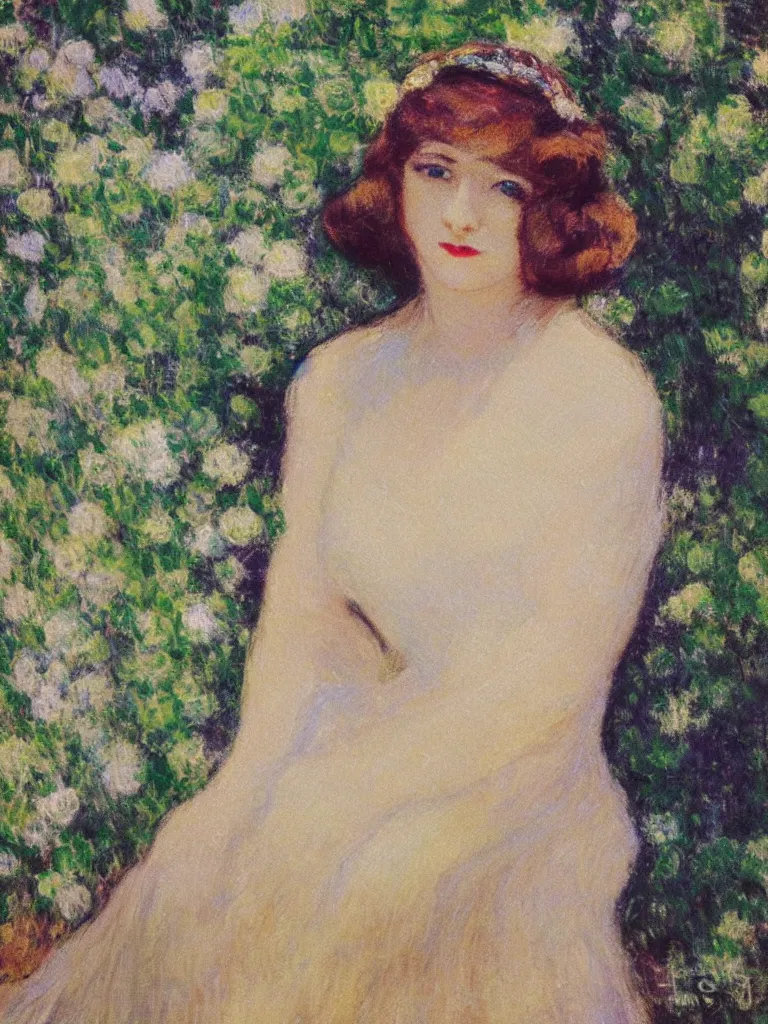 Image similar to portrait of < zelda fitzgerald > as a beautiful young lady wearing 1 9 2 0 s fashion, blurry face, brown hair, slim, fair, severe out of focus, depth of field, pleinairism, in the sun, backlit, closeup, oil on canvas, atr by monet, in the style of le promenade, smooth, impressionnisme, 8 k