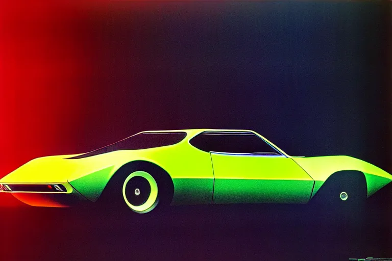 Image similar to designed by giorgetto giugiaro stylized poster of a single 1 9 6 9 amc amx / 3 citroen ds bmw m 1 concept, thick neon lights, ektachrome photograph, volumetric lighting, f 8 aperture, cinematic eastman 5 3 8 4 film