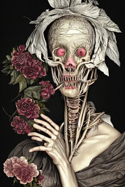 Prompt: Detailed maximalist portrait of an old woman with large lips and eyes, scared, botanical skeletal with extra flesh, HD mixed media, 3D collage, highly detailed and intricate, surreal illustration in the style of Caravaggio, dark art, baroque, centred in image