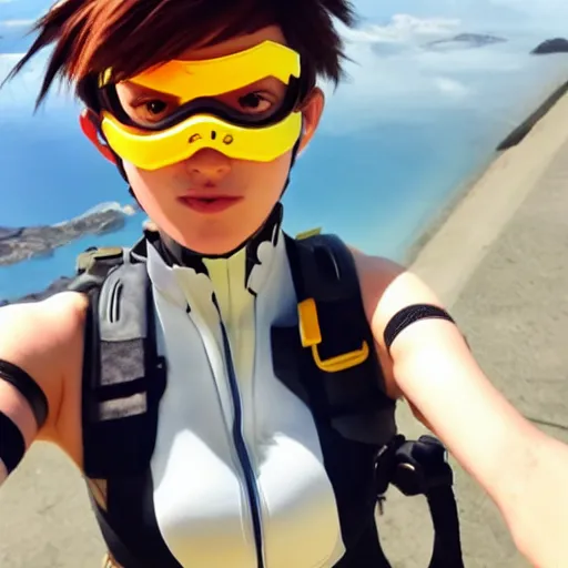 Image similar to tracer from overwatch wearing googles smartphone selfie