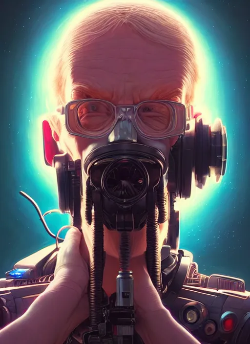 Image similar to highly detailed surreal vfx portrait of a cyberpunk stephen hawkins, stephen bliss, unreal engine, greg rutkowski, loish, rhads, beeple, makoto shinkai and lois van baarle, ilya kuvshinov, rossdraws, tom bagshaw, alphonse mucha, global illumination, detailed and intricate environment