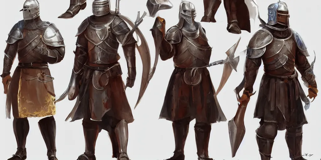 Prompt: different views of medieval knights, concept art by senior character artist, trending on artstation, full body characters designs