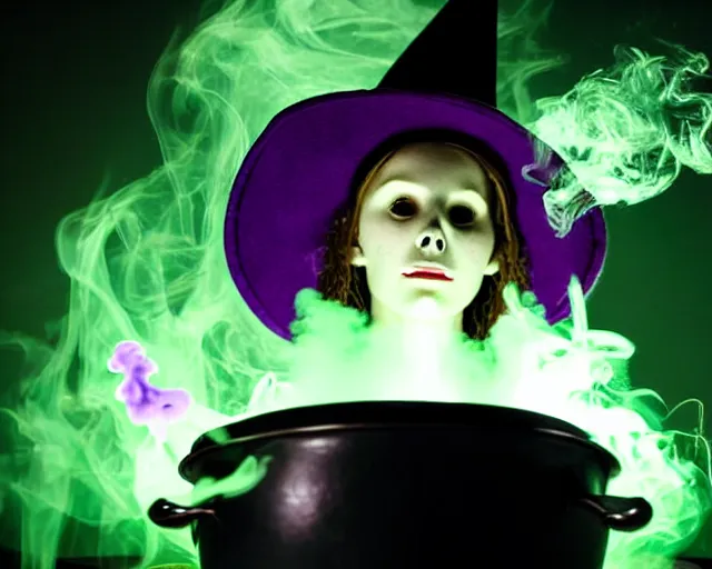 Image similar to close up portrait, spooky teen witch mixing a spell in a cauldron, a cat is on the table, wispy green and purple smoke fills the air, a witch hat, cinematic, green glowing smoke is coming out of the cauldron, strange ingredients on the table, strange apothecary shelves in the background, scary stories to tell in the dark