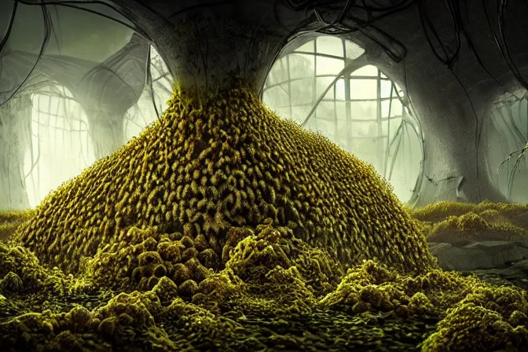 Prompt: elegance, favela bunker honeybee hive, slime mold forest environment, industrial factory, spooky, award winning art, epic dreamlike fantasy landscape, ultra realistic,