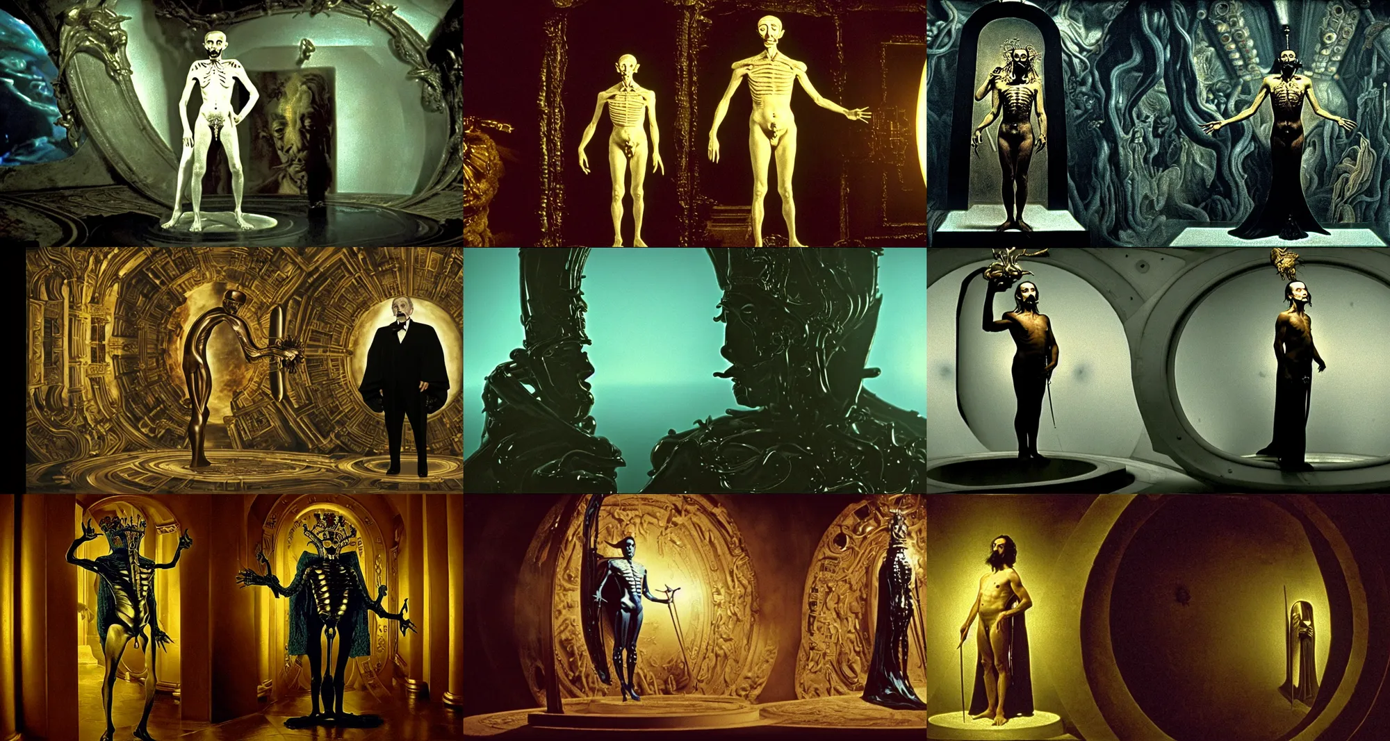 Prompt: the full body shot of arrogant salvador dali in the role of emperor of universe | porthole in the wall of palace | still frame from the prometheus movie by ridley scott with cinematogrophy of christopher doyle and art direction by hans giger, anamorphic bokeh and lens flares, 8 k, higly detailed masterpiece