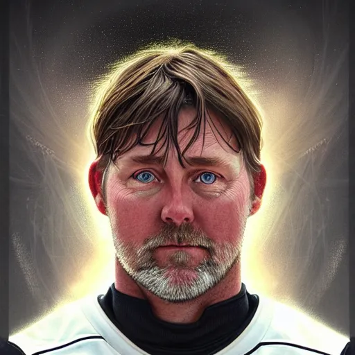 Image similar to beautiful portrait of Patrick Roy as a hockey coach, fantasy, intricate, elegant, highly detailed, digital painting, artstation, concept art, smooth, sharp focus, luxury fashion illustration, art by artgerm and greg rutkowski and alphonse mucha, brightly lit cinematic soft lighting, photorealistic