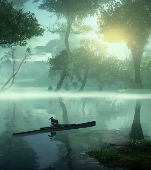 Image similar to three humans with a reflection of three crows in a little boat in a swamp, volumetric lighting, fog, majestic light, octane render, ethereal glare of the sun, hyperrealistic, epic, masterpiece, by makoto shinkai