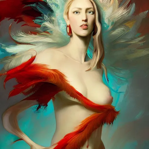 Prompt: a painting of a woman who made of curly white and transparent feathers with red edges is holding a sword, a digital painting by peter mohrbacher, trending on artstation, metaphysical painting, speedpainting, made of feathers, digital painting, holographic undertones, highly saturated colors, 4 k, digital art, concept art, trending on artstation