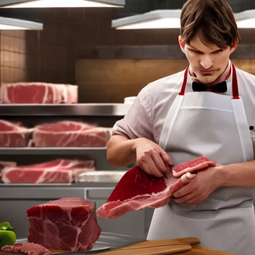 Prompt: ashton kutcher as a butcher wearing a bloody apron with a cleaver in his hand as he chops meat while working in a deli, realistic, hyperrealistic, ultra realistic, real, real world, highly detailed, very detailed, extremely detailed, intricate details, 8 k resolution, hd quality