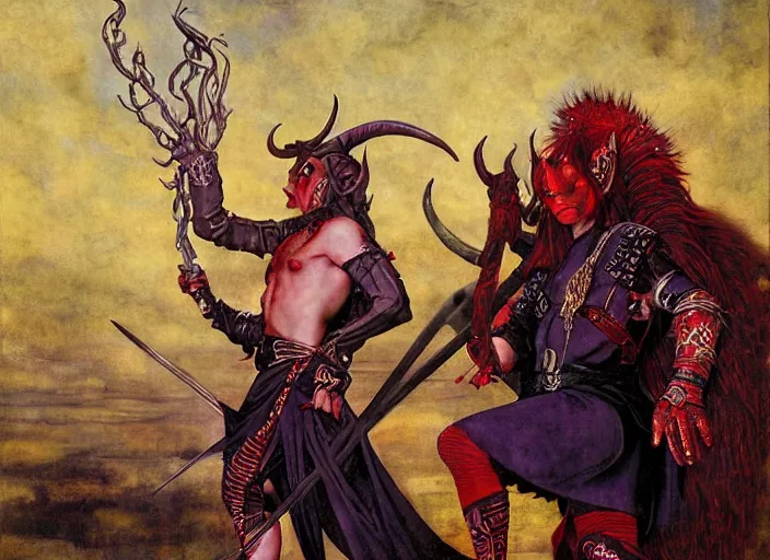 Image similar to a tiefling with brilliant red skin and horns, wearing purple. leather and spiked boots. guitar. heavy metal. edgar maxence and caravaggio and michael whelan and delacroix style, artistic, intricate painting, cinematic lighting, hyper realistic, extremely detailed, vivid colors, establishing shot, dramatic lighting