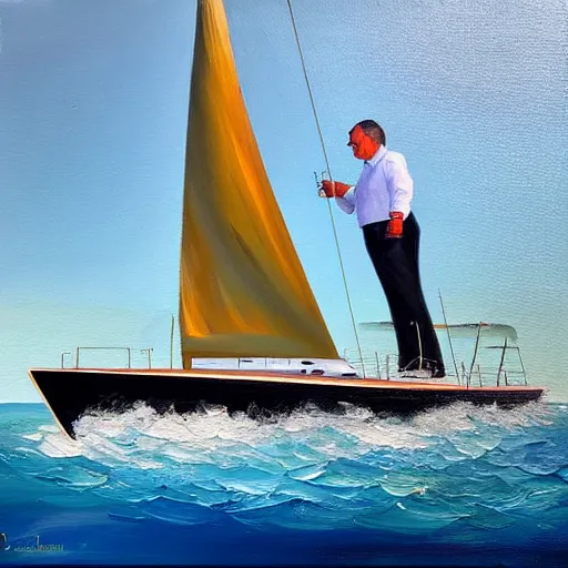 Image similar to viktor orban sailing a yacht, oil painting