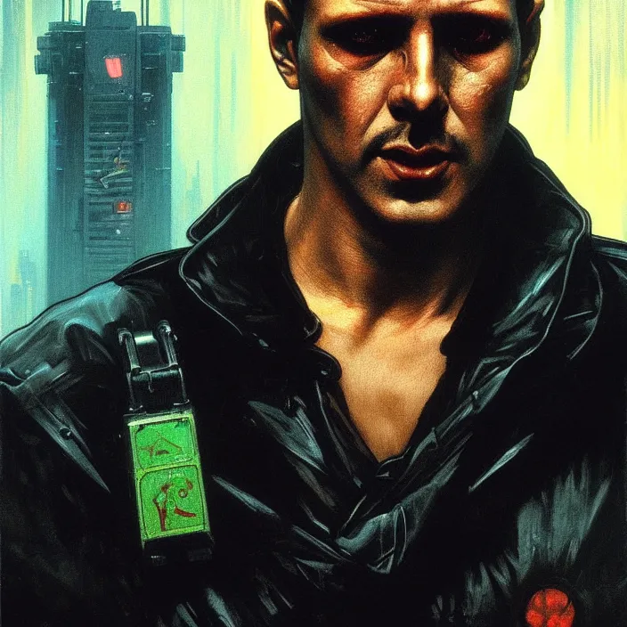 Prompt: excellent painted portrait of a replicant sanitation worker from blade runner (1982), cyberpunk blade runner art, character artwork, 8k resolution artwork, trending on artstation, detailed oil painting portrait, art by artgerm and greg rutkowski and alphonse mucha and craig mullins and James Jean and Andrei Riabovitchev and Marc Simonetti and peter mohrbacher, matte painting