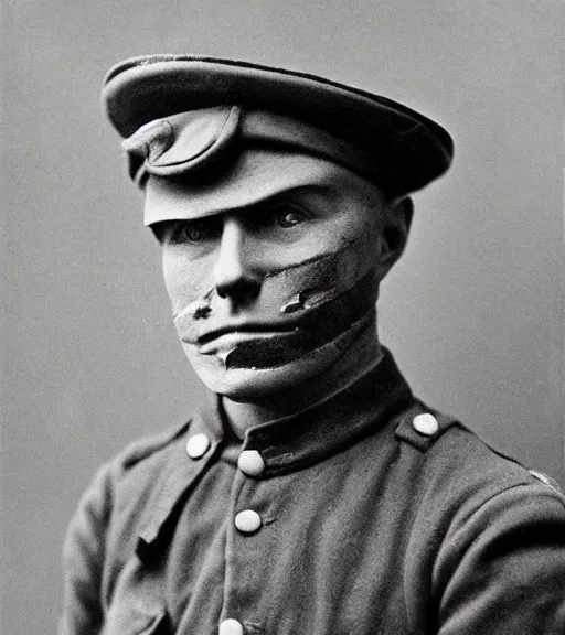 Prompt: person wearing death mask, ww1 photo, grainy, high detail, high resolution, tehnicolor