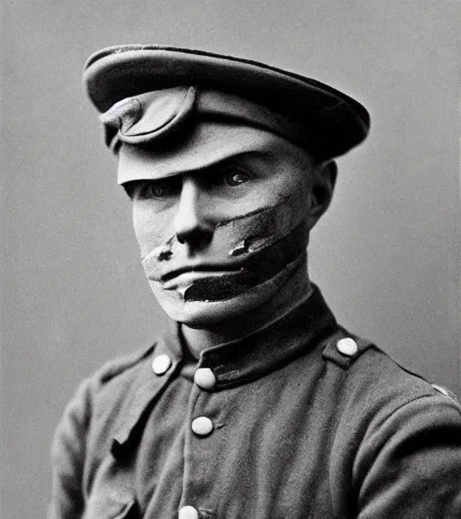 Image similar to person wearing death mask, ww1 photo, grainy, high detail, high resolution, tehnicolor