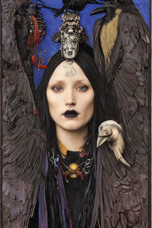 Image similar to a goth shaman with the head of a raven, by Annie Swynnerton and Nicholas Roerich and John Bauer and jean delville and John William Godward and Donato Giancola and Vermeer, black leather and embroidered velvet, iridescent beetles, rich color, dramatic cinematic lighting, featured on Artstation, extremely detailed