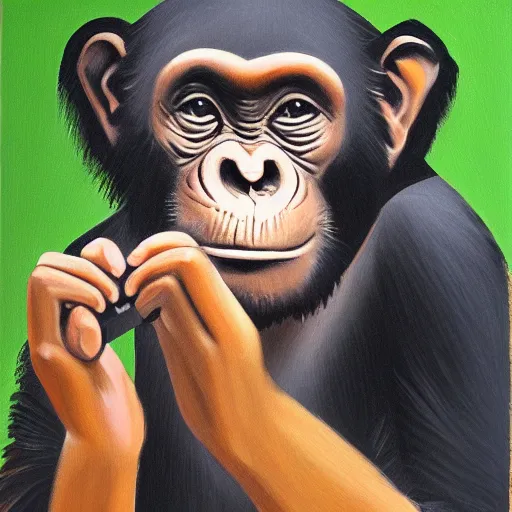 Image similar to Portrait of a Chimpanzee holding a camera in his hands, oil painting