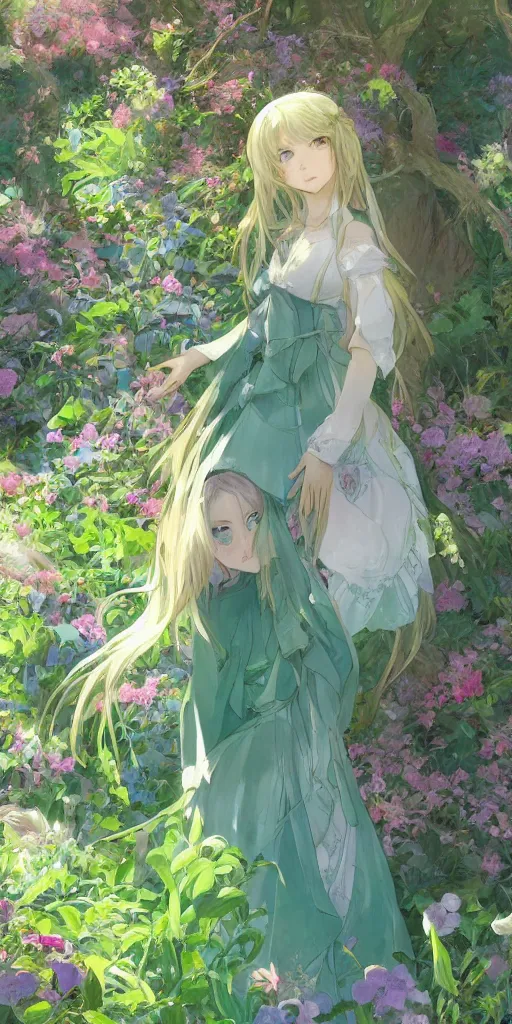 Image similar to a digital art of a loli with long hair in a dress in the privet garden at after noon, green and warm theme, mediumslateblue flowers, low angle, back lighting, by krenz cushart and mucha and akihito yoshida and greg rutkowski, highly detailed, 4 k resolution, trending on art station