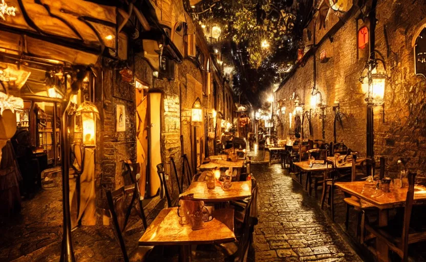 Prompt: medieval tavern, cafe with elves on a date, alleyway, ambient, atmospheric, british, cozy, bokeh, romantic, colorful lanterns