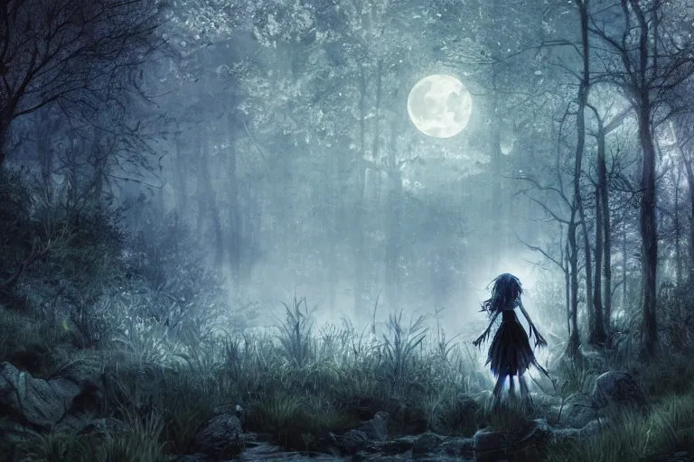 Image similar to goth woman in a moonlight view, in a forest, a river, tankoban, 4 k, tone mapping, akihiko yoshida, james jean andrei riabovitchev marc simonetti, yoshitaka amano, long hair, curly, h. hydrochaeri