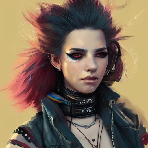 Image similar to highly detailed portrait of a punk young lady by by Loish, Artgerm,Greg Rutkowski, 4k resolution