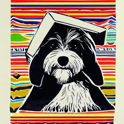 Image similar to tlingit haida lithographic, havanese dog,, simple colors, lithograph print by tristan - wolf reg davidson clifton guthrie maynard johnny jr. trending on society 6