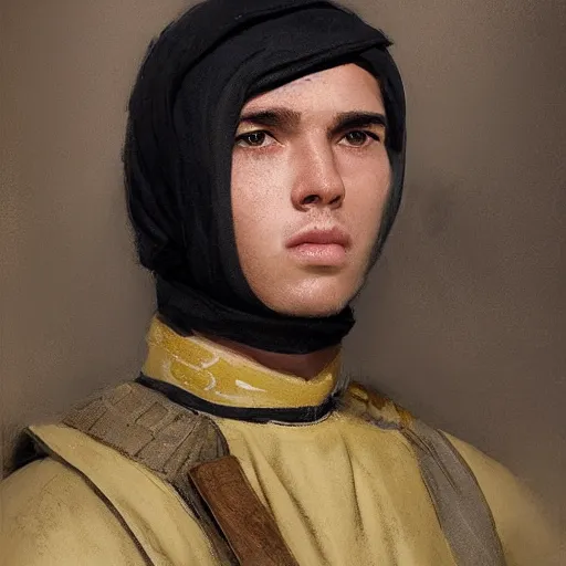 Image similar to Medium closeup young idealistic and pious homely male Imperial soldier wearing a black tabard with light yellow accents over a gambeson and a small!!! barbut helm, by Raymond Swanland Greg Rutkowski Lise Deharm, {perfect face}, {perfect eyes}