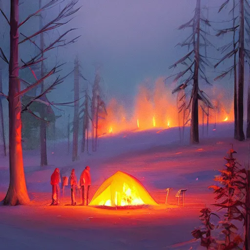 Image similar to a camp with tents on fire, burning down, shadows of 3 girls watching the camp burn, snow, dusk, painted by Sylvain Sarrailh, trending on Artstation