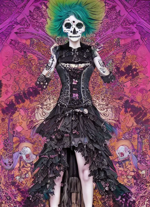 Image similar to cute punk goth fashion fractal Día de los Muertos girl posing by Zhang Jingna, poster art by Dan Mumford Kilian Eng Hannah Jeffrey Smith Rick Griffin Alphonse Mucha