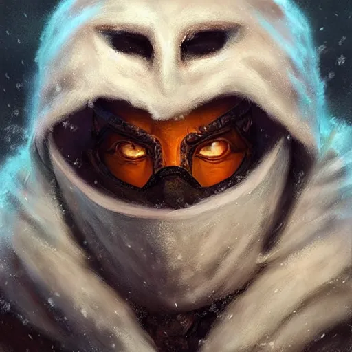 Image similar to “ fantasy snow bandit ‘ icewind dale ’ with mask, portrait by ‘ justin sweet ’, soft focus, illustrated, oil paint, artstation ”