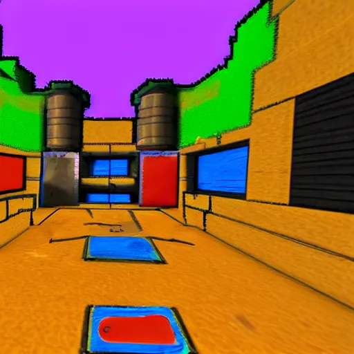 Prompt: children's crayon drawing of quake iii area deathmatch, fps, video game screenshot