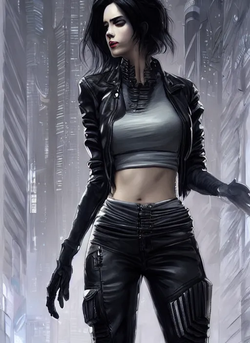 Image similar to girl in cyberpunk! top and gray and black! leather jacket, open belly, long dark curly hair, high waist jeans, intricate, elegant, highly detailed, digital painting, artstation, concept art, smooth, illustration, art by artgerm and greg rutkowski and alphonse mucha