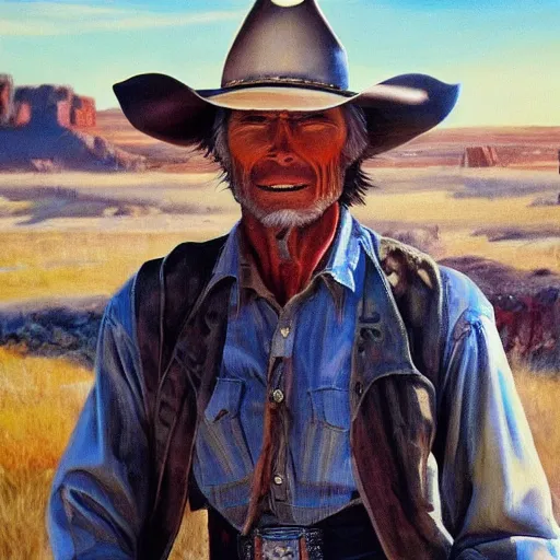 Prompt: oil painting of cowboy clint eastwood in american frontier landscape, western town, dusty street, sunrays, dramatic, very very very beautiful art